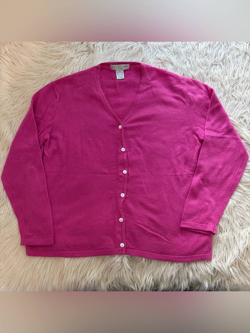 Vintage 90s 100% Cashmere Cardigan Sweater XL Hot Pink Fuchsia V-Neck 2-Ply Knit